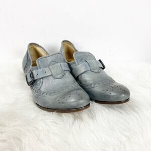 Anthropologie Latigo 6.5 M Womens Blue Gray Leather Brocade Buckle Boho Shoes